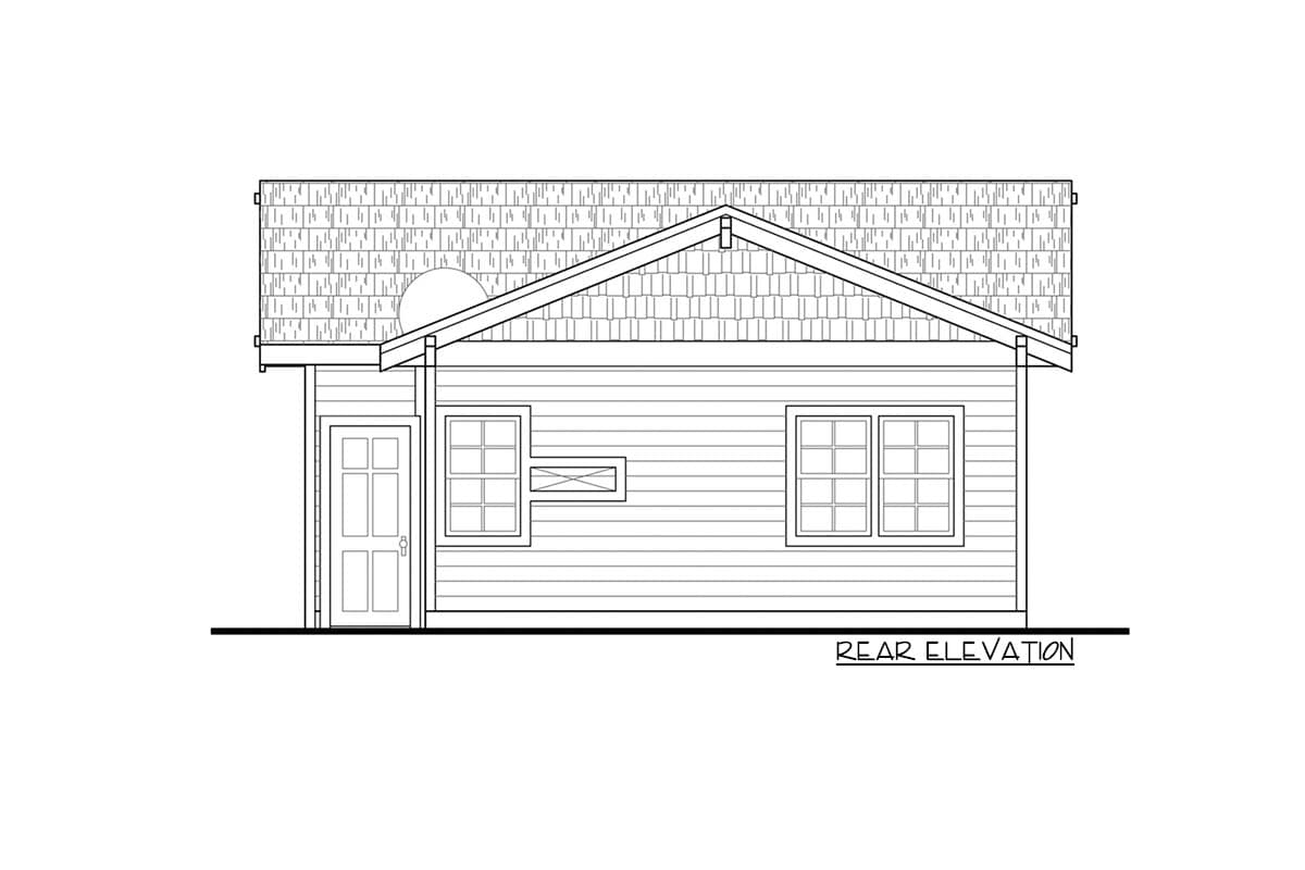 Rear elevation drawing of a single-story house plan with a gable roof, double door, and two multi-pane windows.