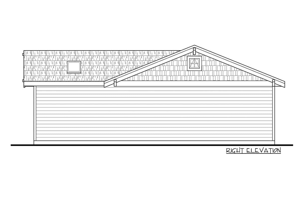 Right elevation house plan drawing showing horizontal siding, shingled gable, and two square dormer windows.