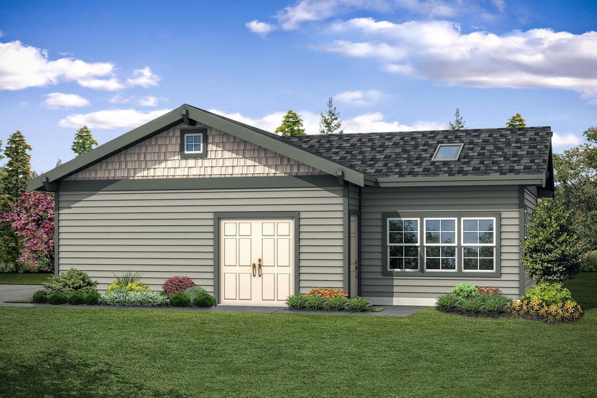 House plan exterior with gable roof, dormer, and shingle siding. Features include a double door entry and multi-pane windows with a dormer.