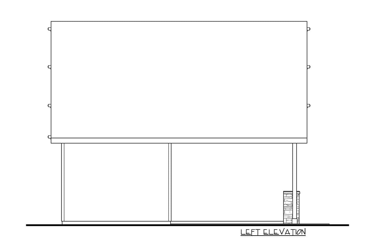 Left elevation drawing of a house plan showing a covered porch with stone support and simple roofline.