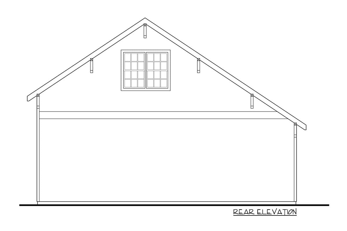 Rear elevation drawing of a house plan, showing a gable roof, dormer window, and simple facade.