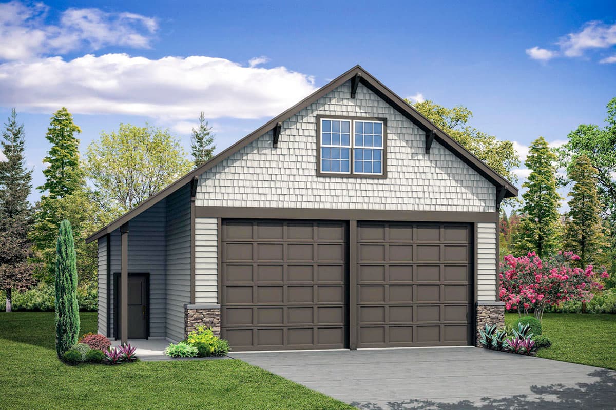House plan exterior with two-car garage. Features include gabled roof, shake siding, and a small entry porch with stone accents.