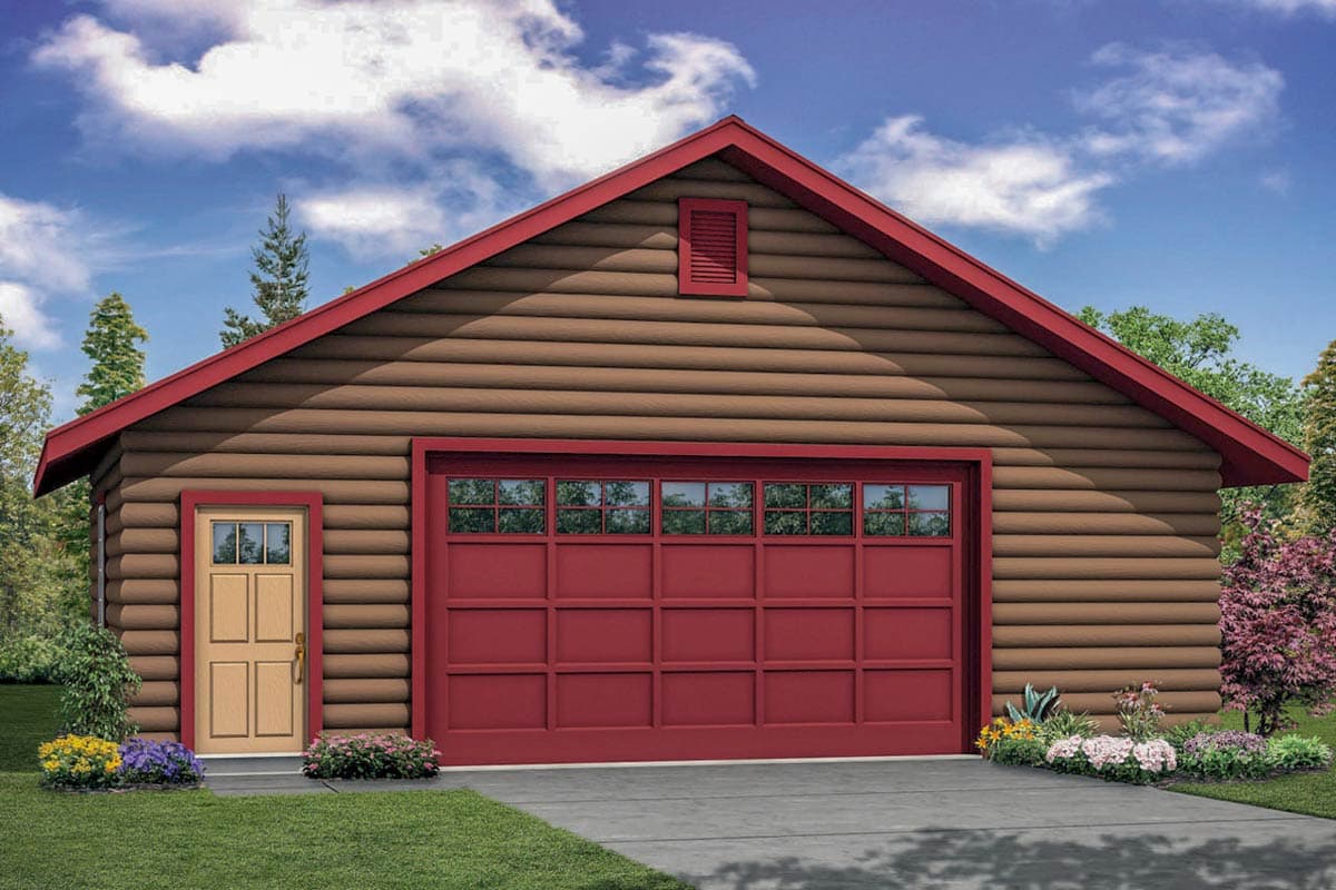 House plan exterior. One-story building with a gable roof, a red garage door, and a small side door. Log siding construction.