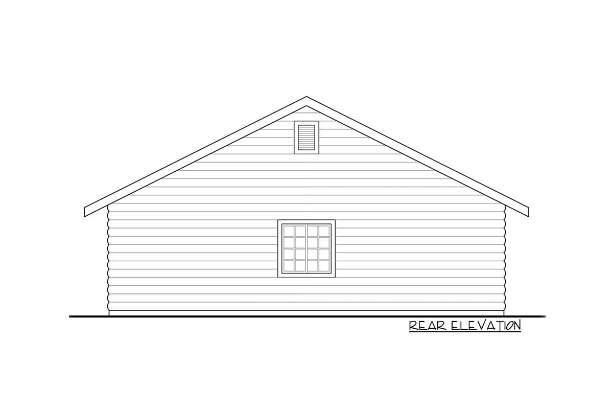 Rear elevation of a log house plan with a gable roof, one window, and a small gable vent.