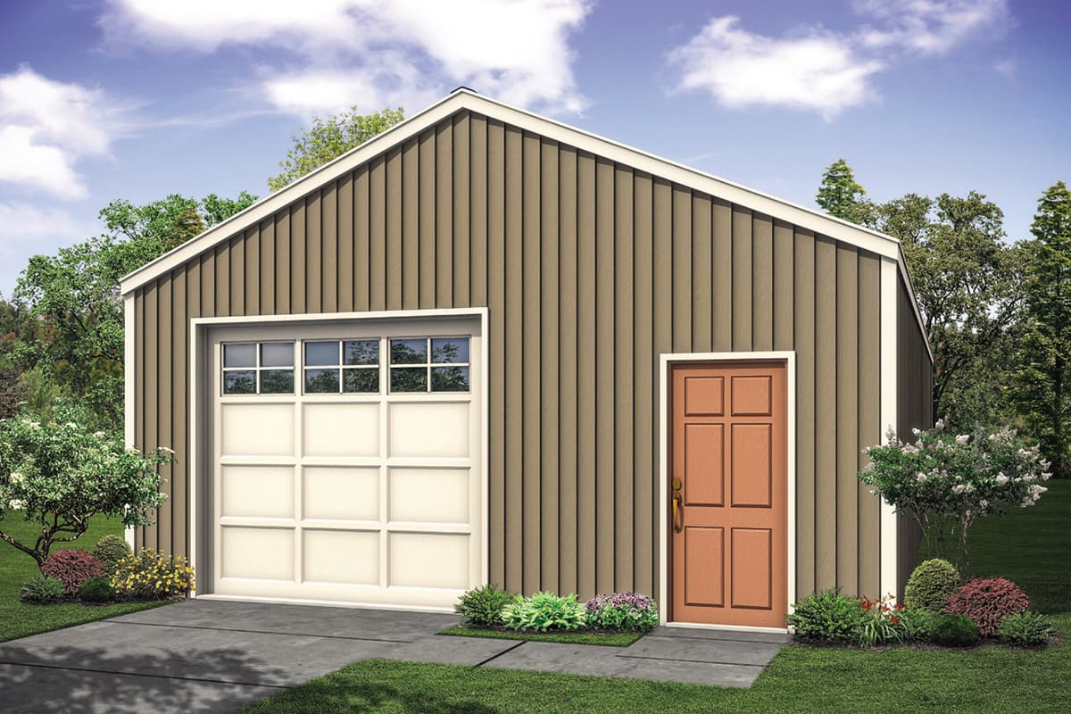 House plan exterior. One-story gable-roof garage with paneled garage door and a separate entry door. Board and batten siding.
