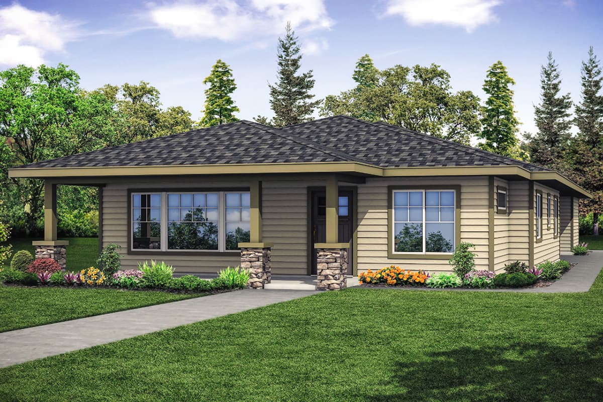 House plan exterior with Craftsman style. Features include a low-pitched roof, porch with stone-clad columns, and multiple windows.