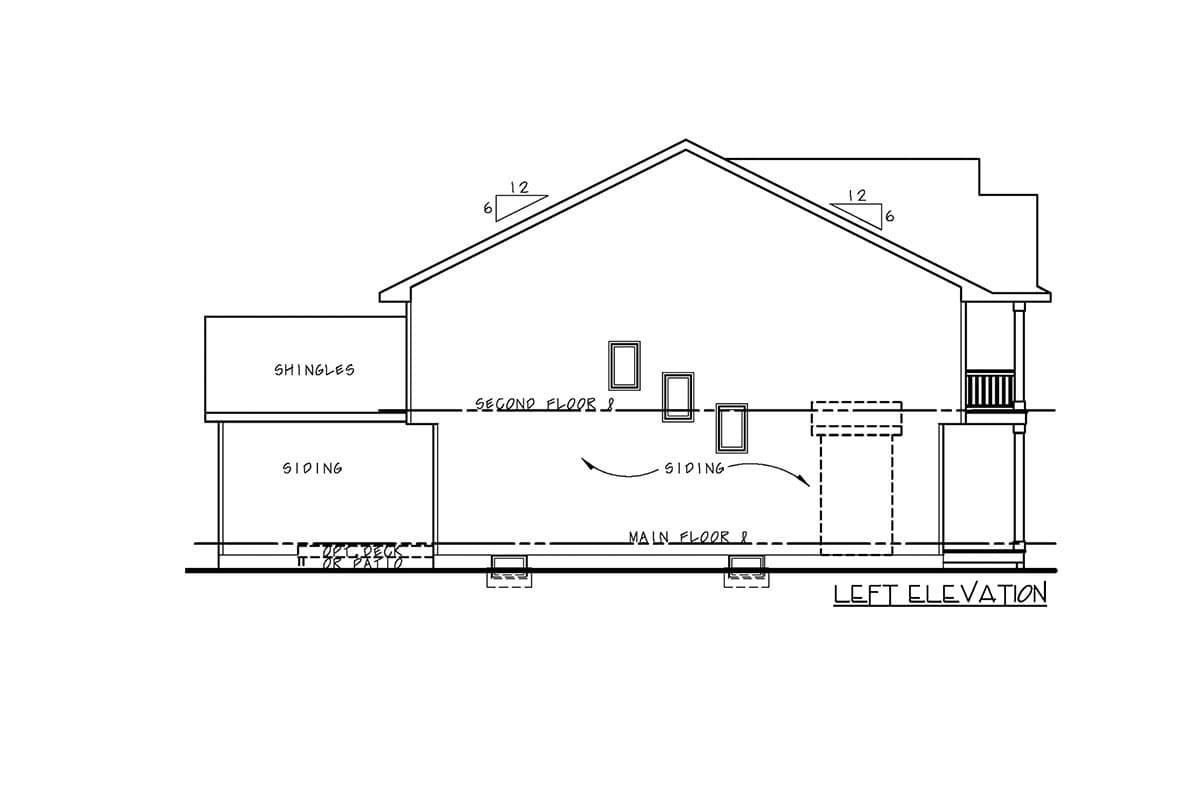 Left elevation house plan drawing showing two stories with siding, shingles, windows, and an optional deck or patio.