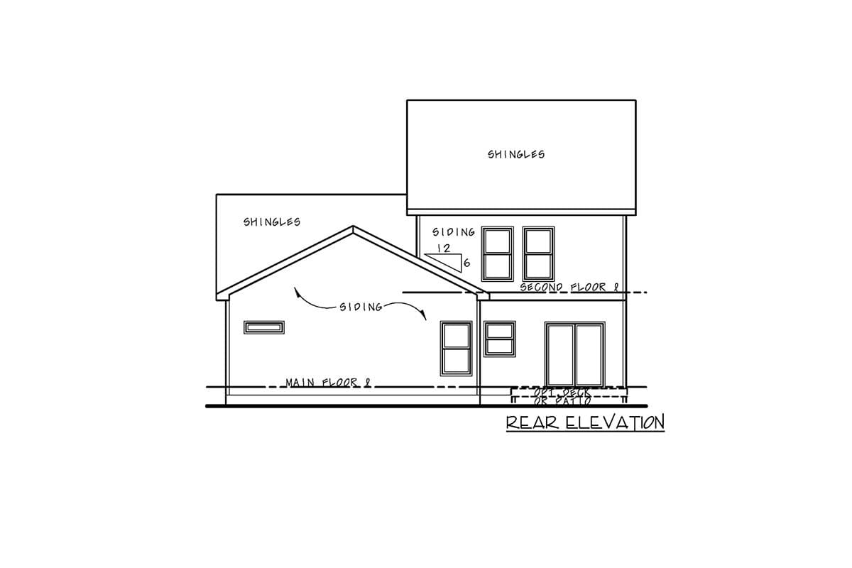 Rear elevation drawing showing two stories, pitched roof with shingles, siding, and multiple windows. Text indicates deck or patio.