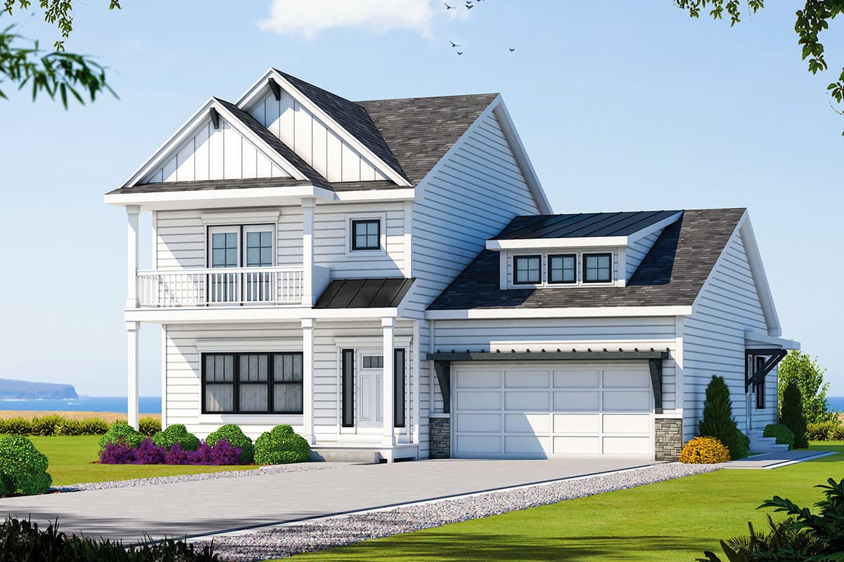 House plan exterior. Two-story Modern Farmhouse with a balcony, gable roof, and attached garage. Includes dormers and a covered entry porch.