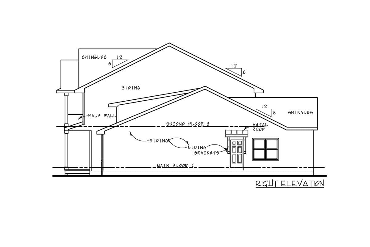 Right elevation drawing of a house plan, showing two stories, siding, shingle and metal roof sections, and a covered entry.