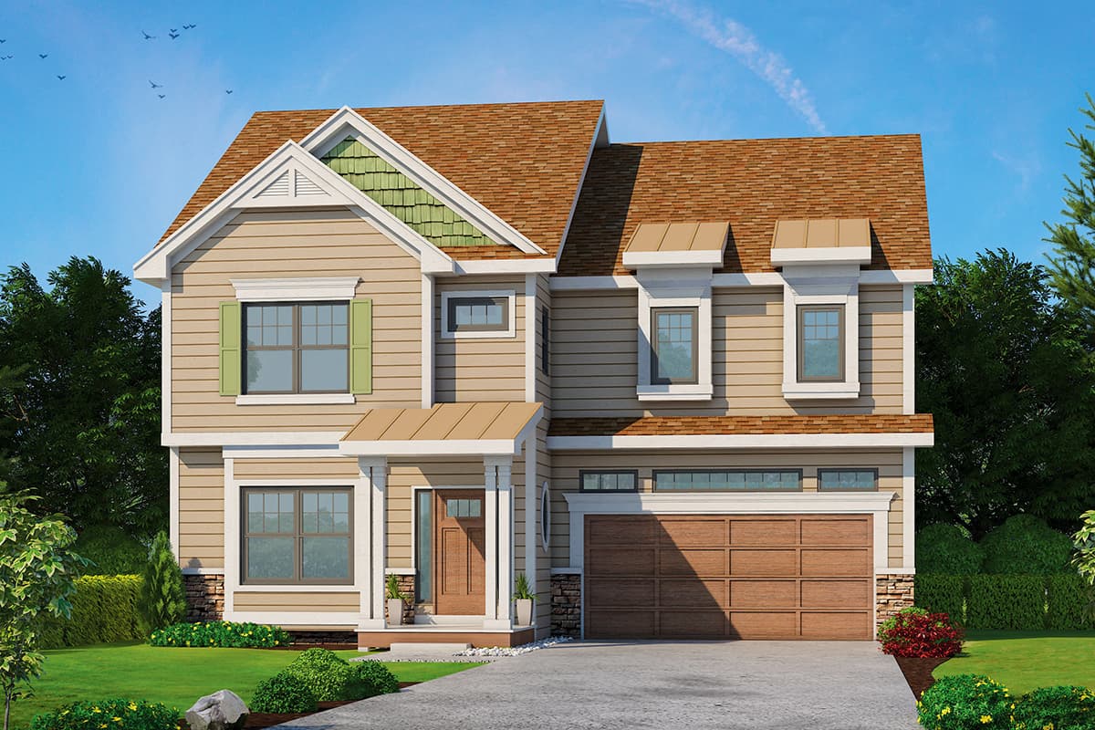 House plan exterior. Two-story home with Craftsman-style elements, gable roof, covered entry porch, and three dormers above the garage.