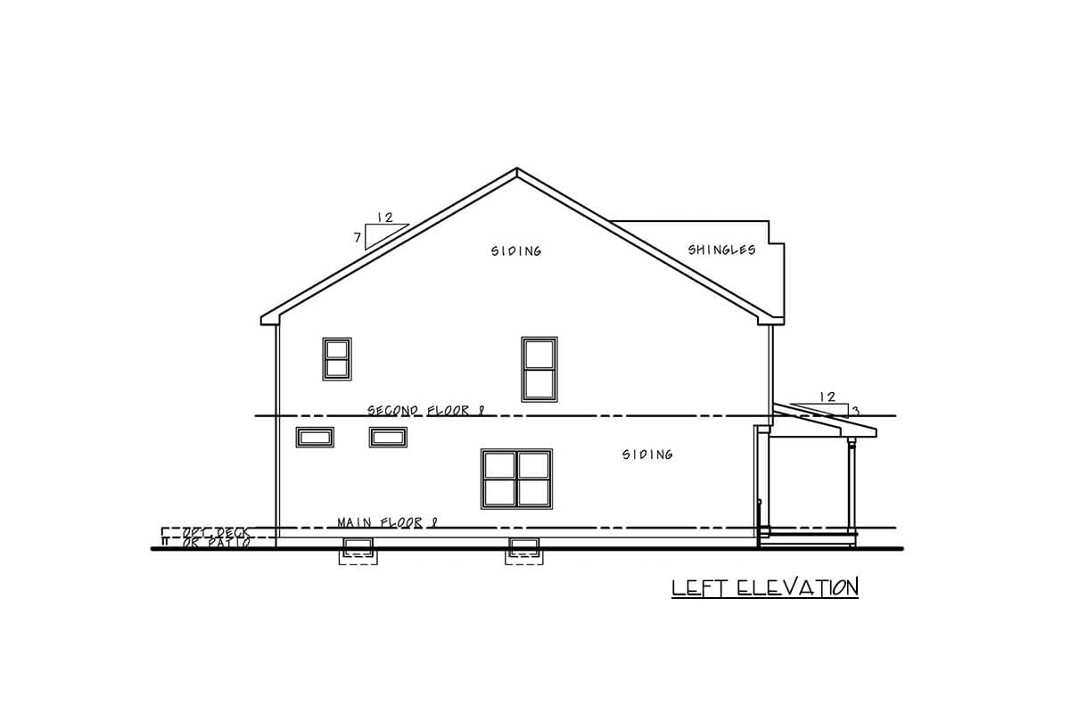 Left elevation drawing of a two-story house plan with siding, shingles, and a covered porch.