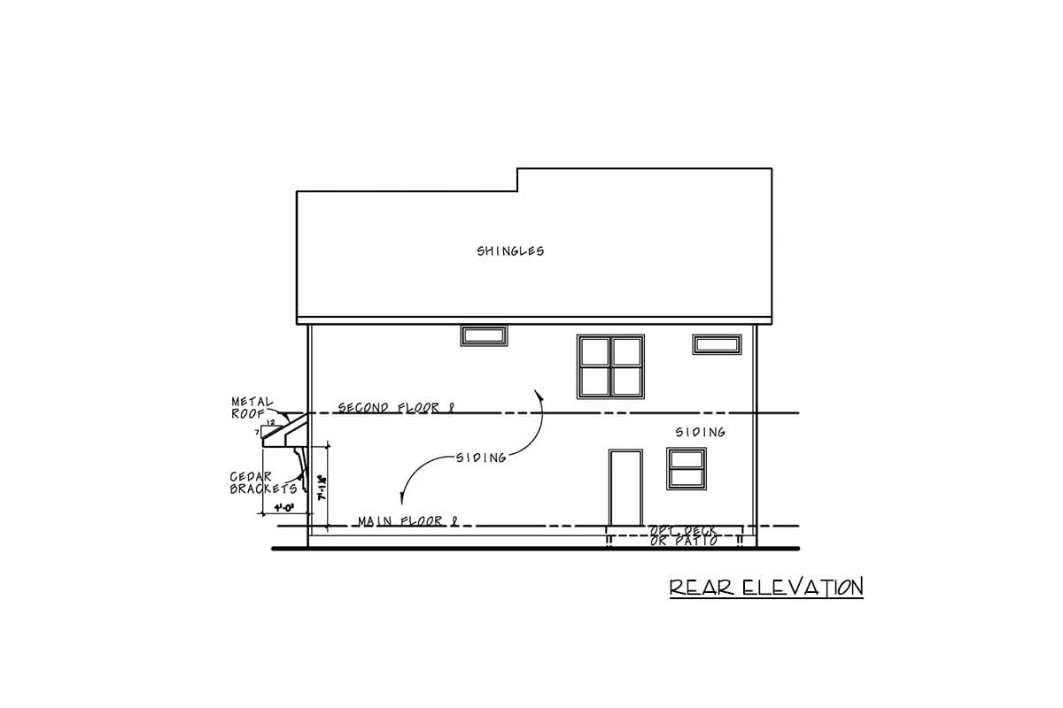 Rear elevation house plan showing two stories, siding, shingles roof, metal roof detail with cedar brackets, and optional deck or patio.