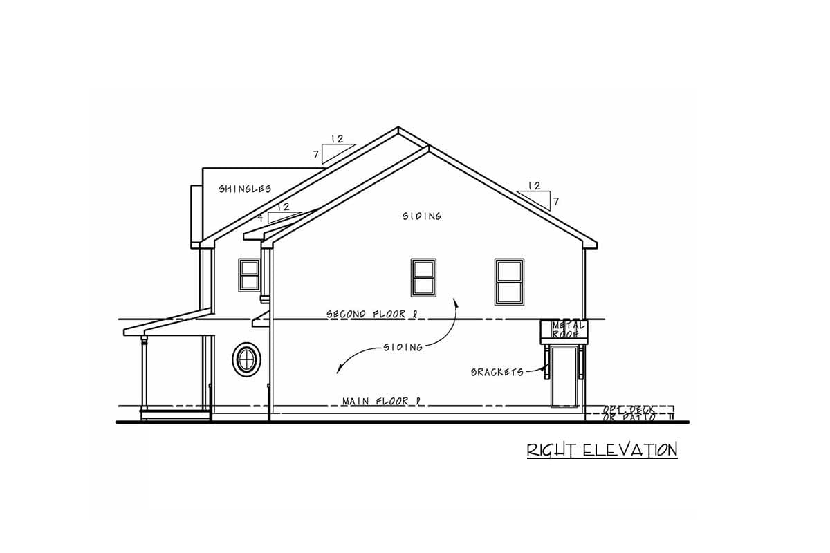 Right elevation house plan showing two stories, siding, shingles, a porch, and a metal roof over a door.