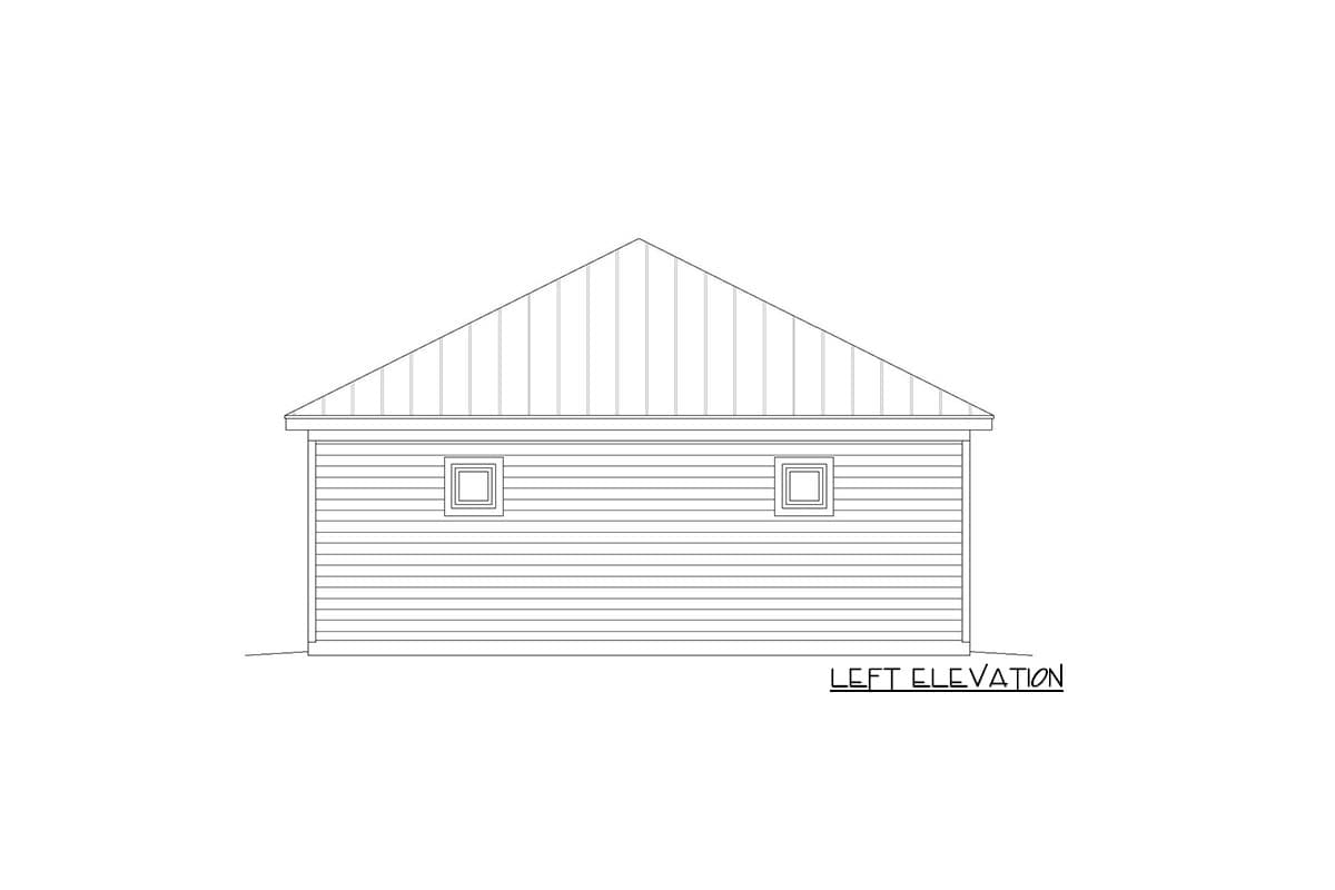Left elevation drawing of a house plan showing horizontal siding and two square windows below a gabled roof.