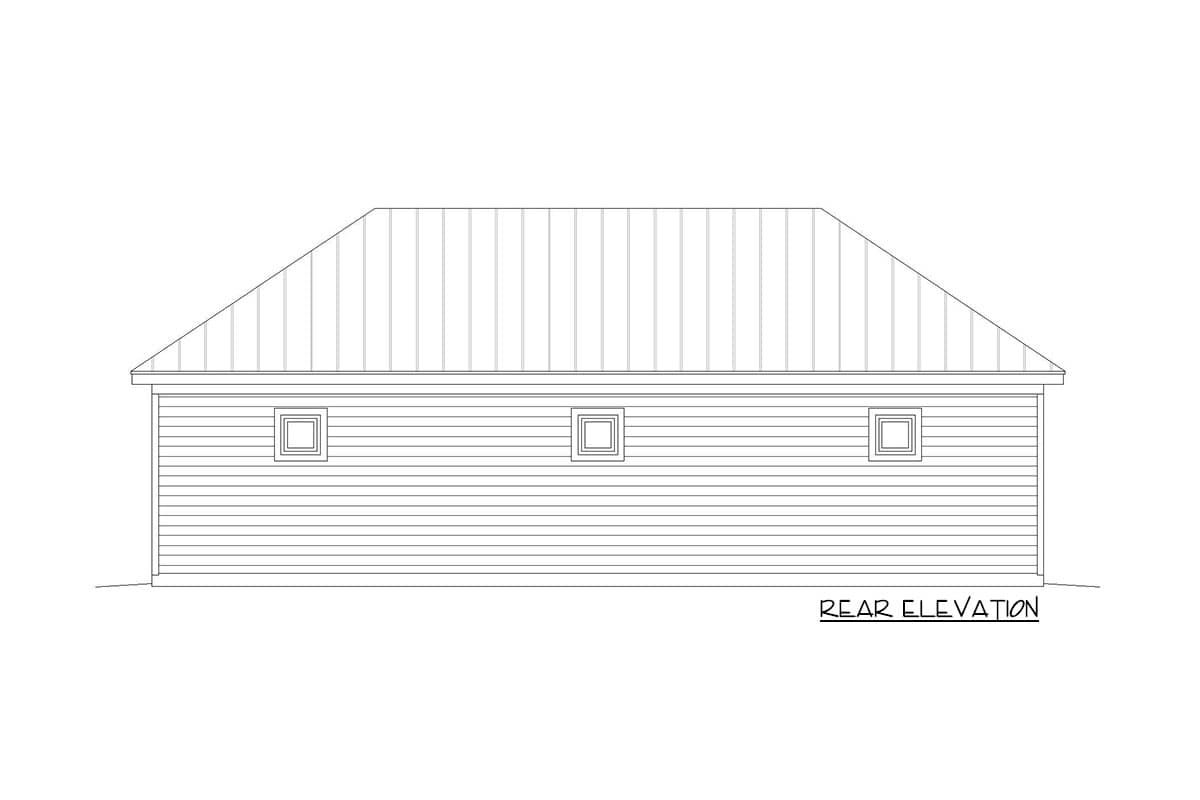 Rear elevation drawing of a house plan with horizontal siding, a gable roof, and three square windows.