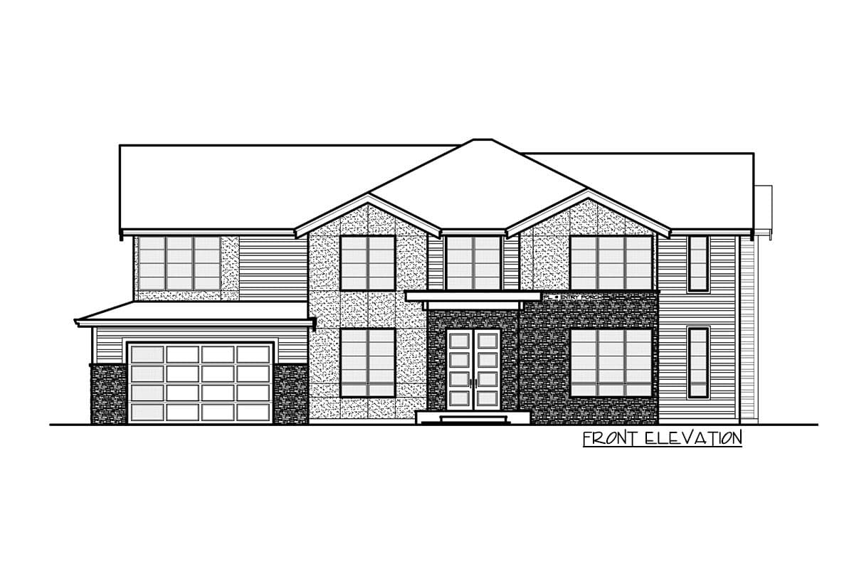 Front elevation drawing of a two-story house plan with a garage, gabled dormers, and varied siding materials.