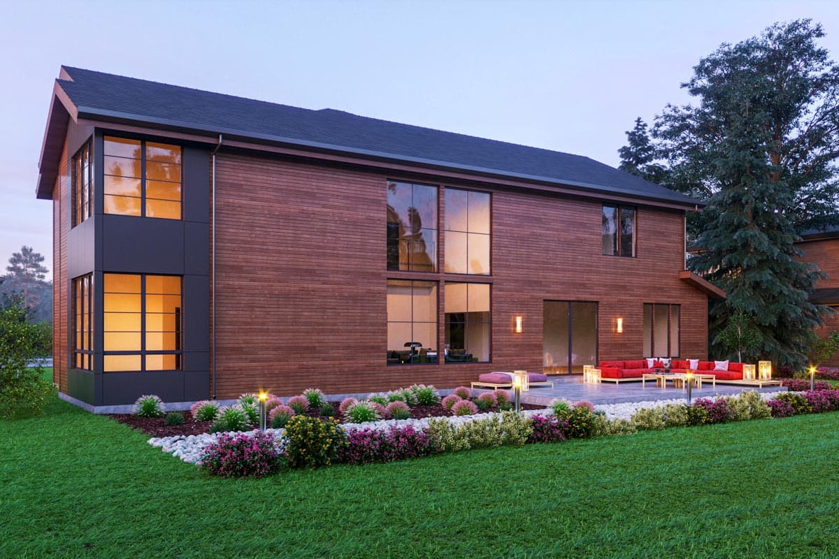 House plan exterior: Two-story modern design with wood siding, dark metal accents, large windows, and a low-slope roof.