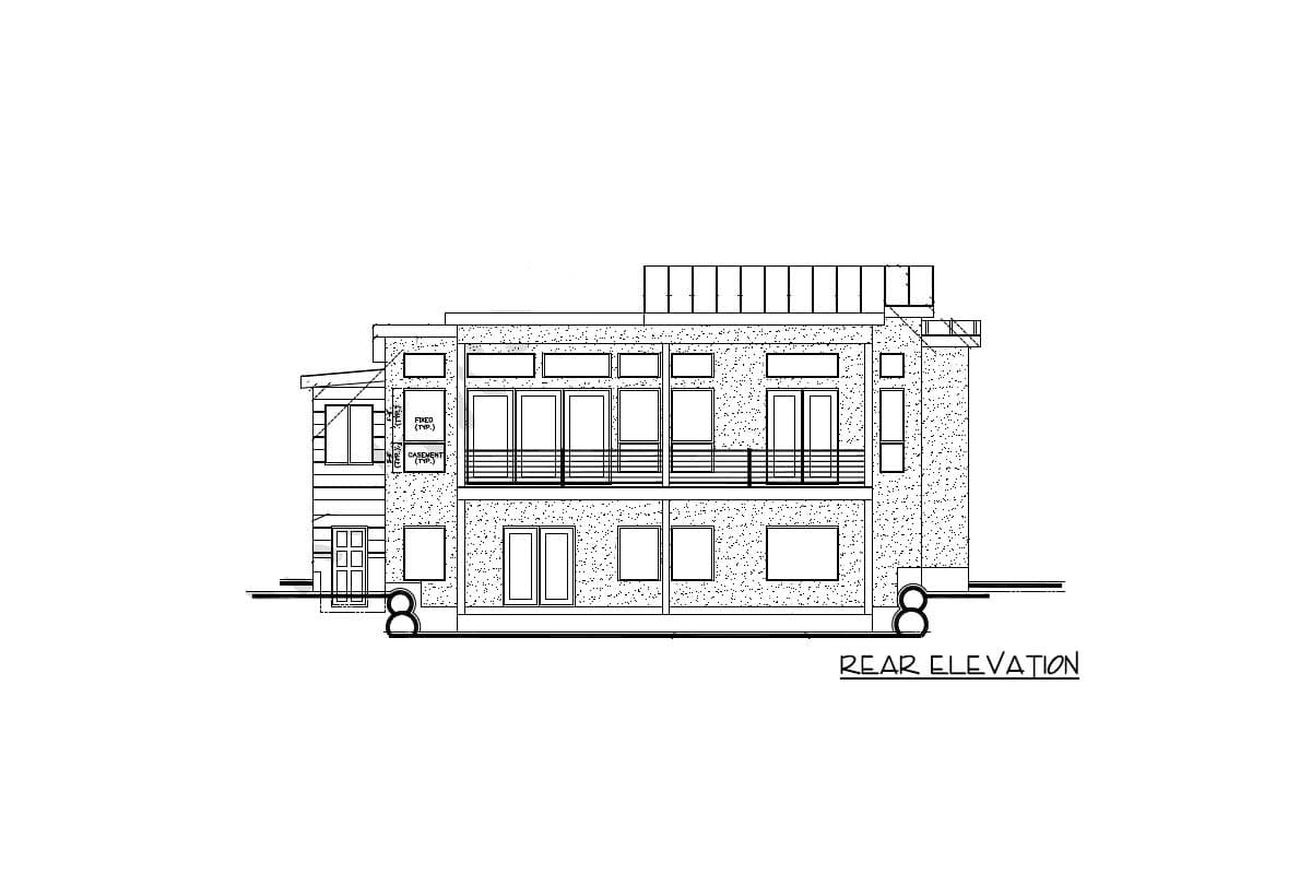 Rear elevation drawing of a multi-story modern house with large windows, balconies, and a flat roof with railings.