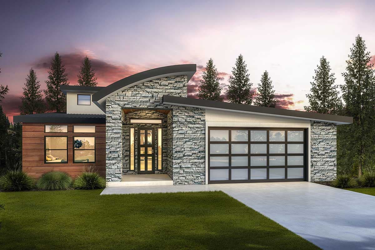 House plan exterior. Modern style with stone and wood siding. Features include a glass garage door, curved roof, and flat roof sections.