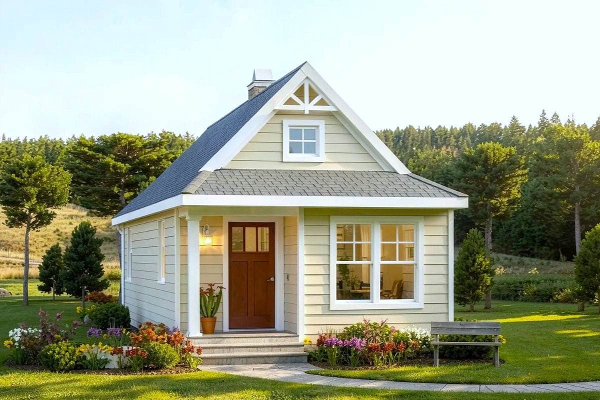 House plan exterior. Cottage style with a single story, front-facing gable, small porch, and a decorative truss in the gable peak.