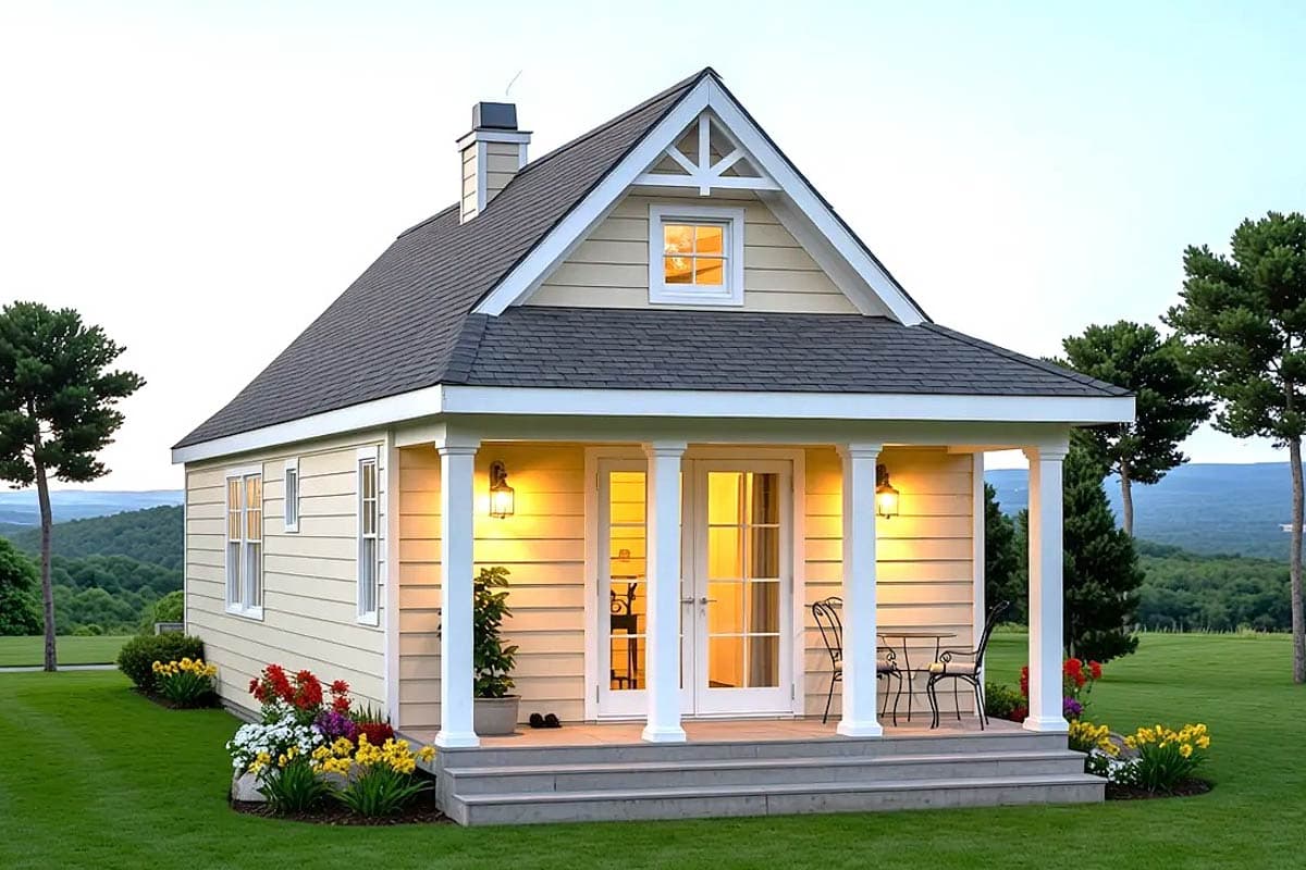 House plan exterior. One-story Cottage style with a front porch, gabled roof, and decorative trim on the gable and windows.
