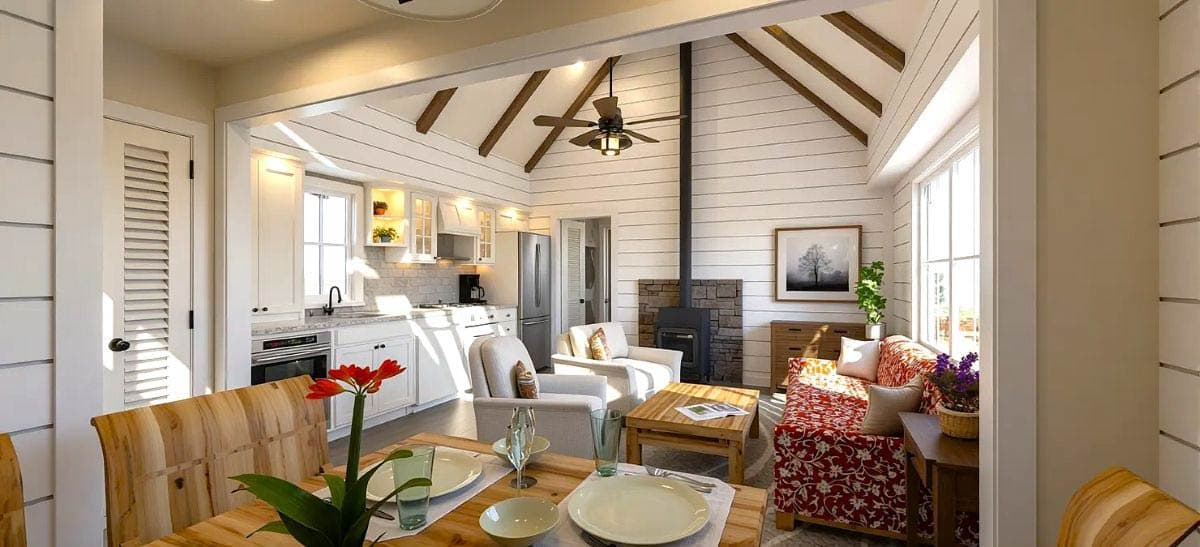 Interior rendering of a kitchen and living room. Features include a vaulted ceiling with beams, a fireplace, and an open layout.