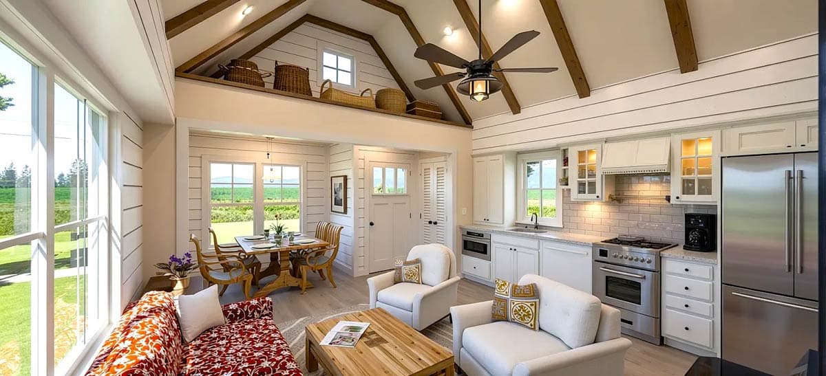 Interior rendering of a kitchen and living area featuring a vaulted ceiling with exposed beams, open layout, and kitchen island.