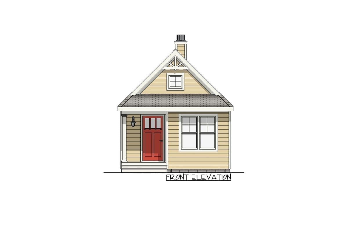 House plan exterior front elevation. One-story with gabled roof, small dormer, and front porch with pillars.