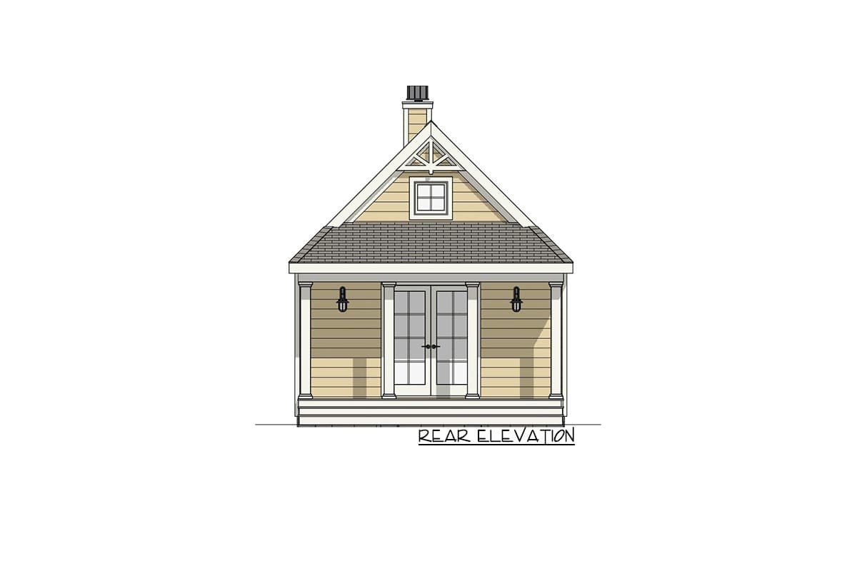 House plan exterior. Rear elevation with gabled roof, small porch, French doors, and a decorative gable end.