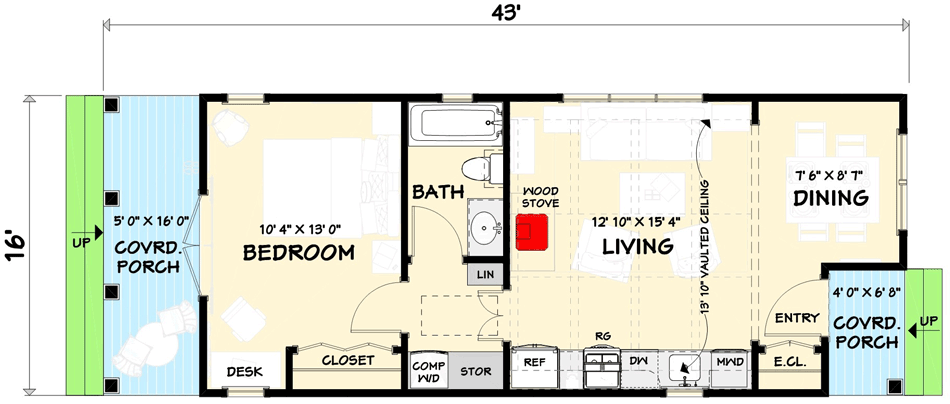 Plan 28934JJ: 1-Bedroom Cabin House Plan with Vaulted Interior - Floor Plan - Main Level - Cabin, Cottage, Country, Craftsman, Rustic, Traditional, Vacation