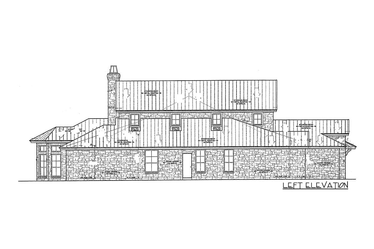 Left elevation drawing of a house plan with stone exterior, prominent chimney, and standing seam metal rooflines.