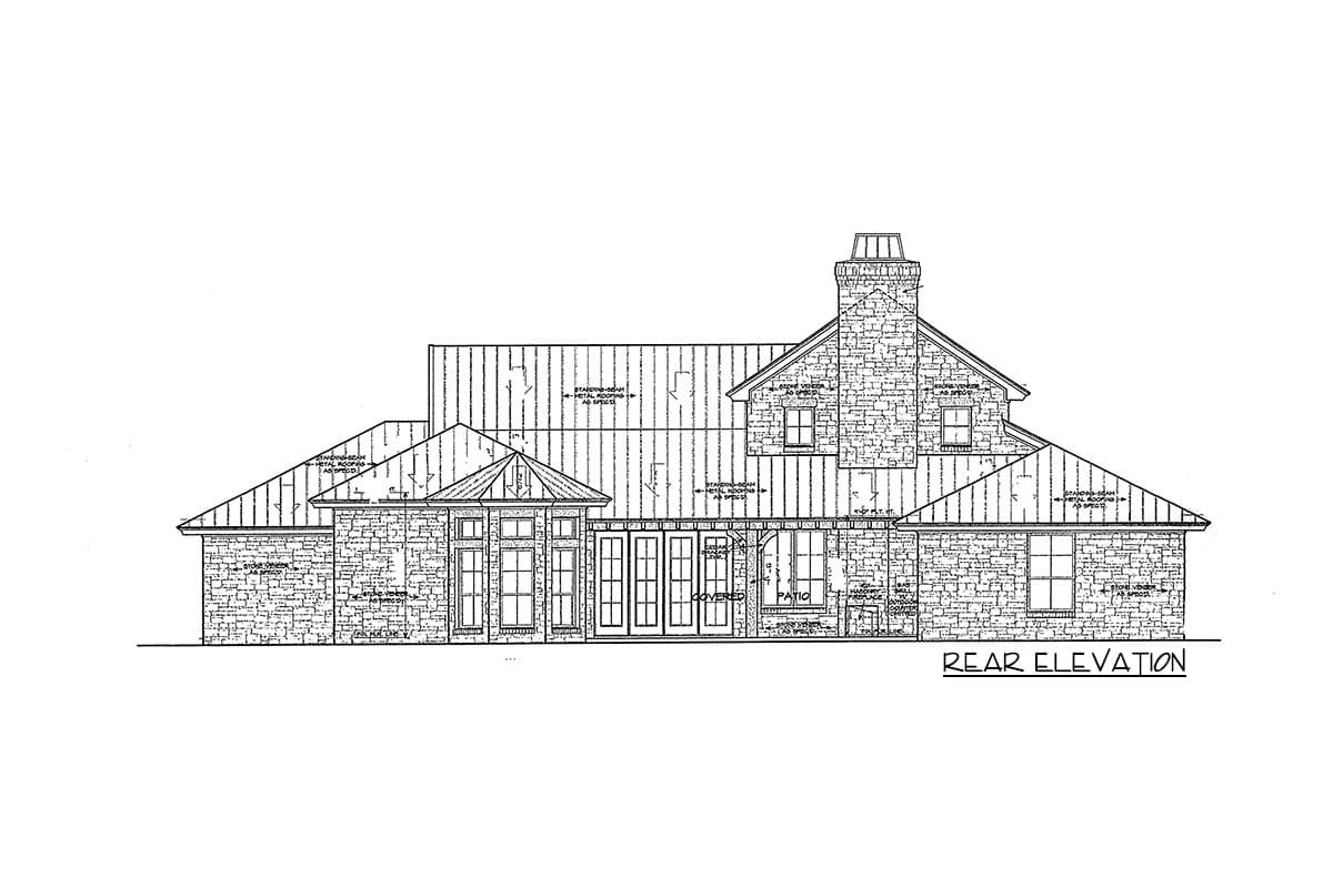 Rear elevation house plan drawing featuring stone veneer, standing seam metal roof, gables, dormers, and French doors opening to a covered patio.