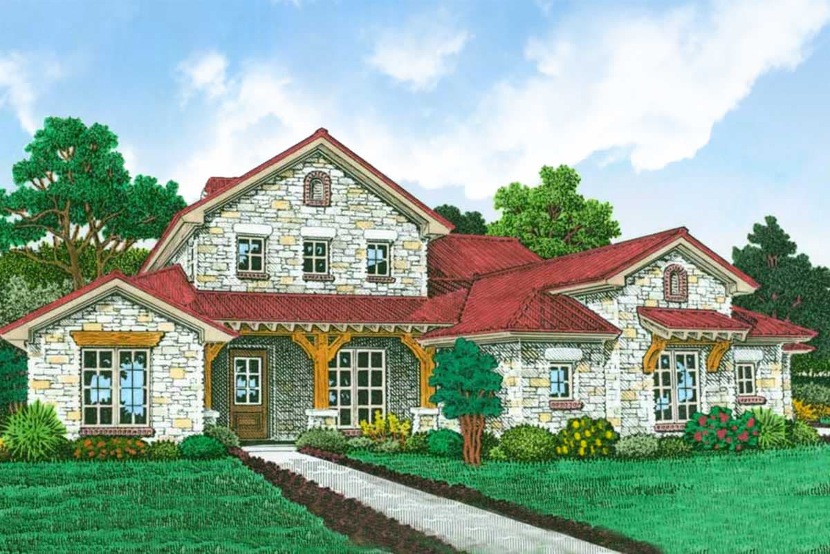 House plan exterior with stone veneer, red tile roof, and gabled rooflines. Features include a front porch with timber supports and dormers.