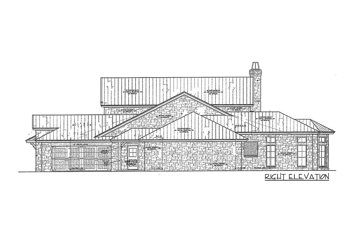 House plan right elevation drawing featuring stone veneer, standing seam metal roofing, multiple gables, and a service porch.