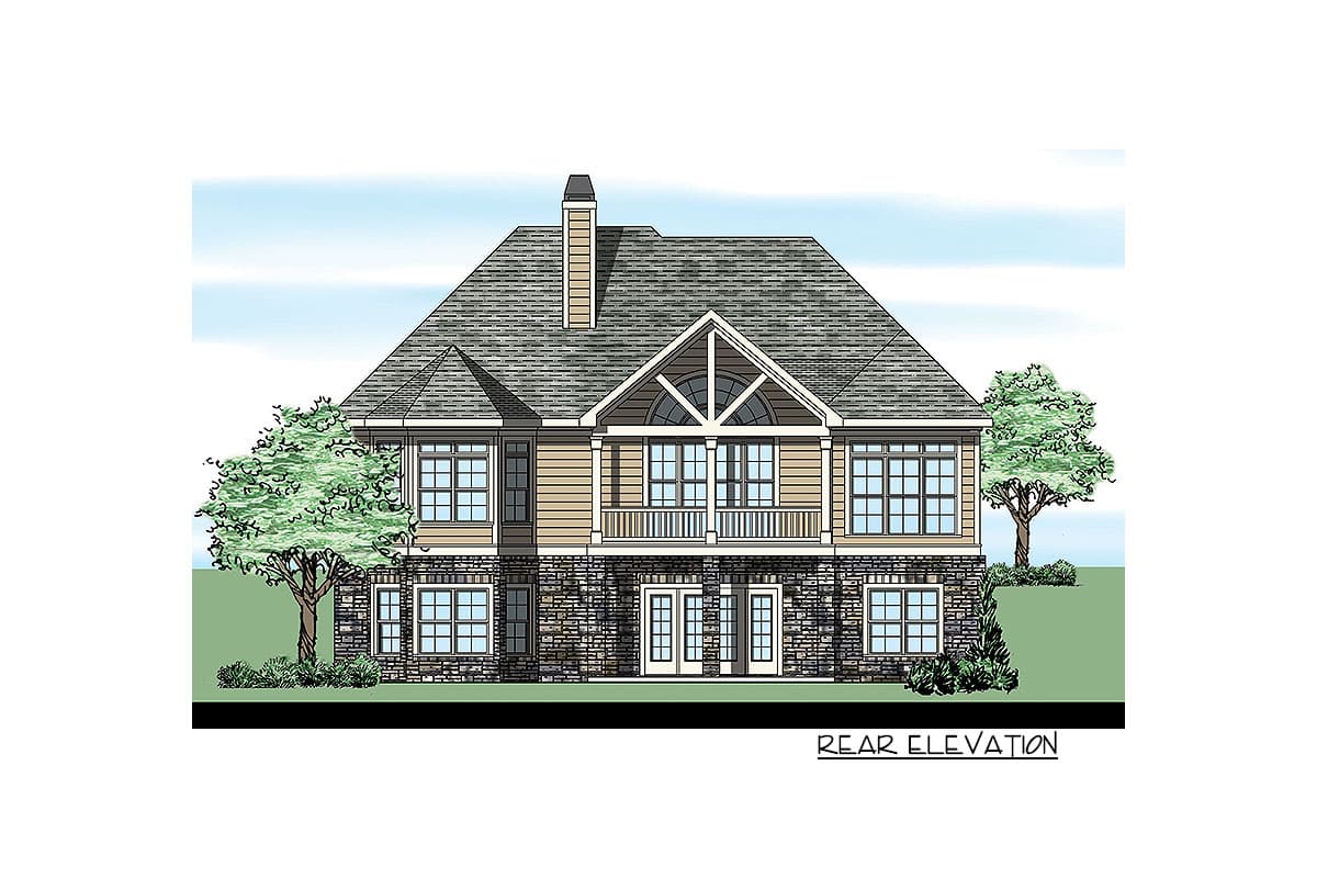 Rear elevation drawing of a two-story house plan with stone base, second-floor balcony, and arched gable.
