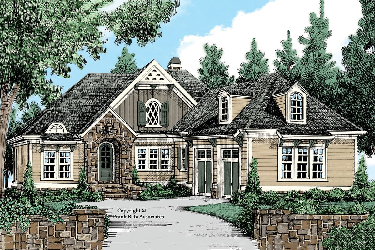 House plan exterior featuring a two-story Craftsman style with stone facade entry, multiple gables, and attached garage with dormers.