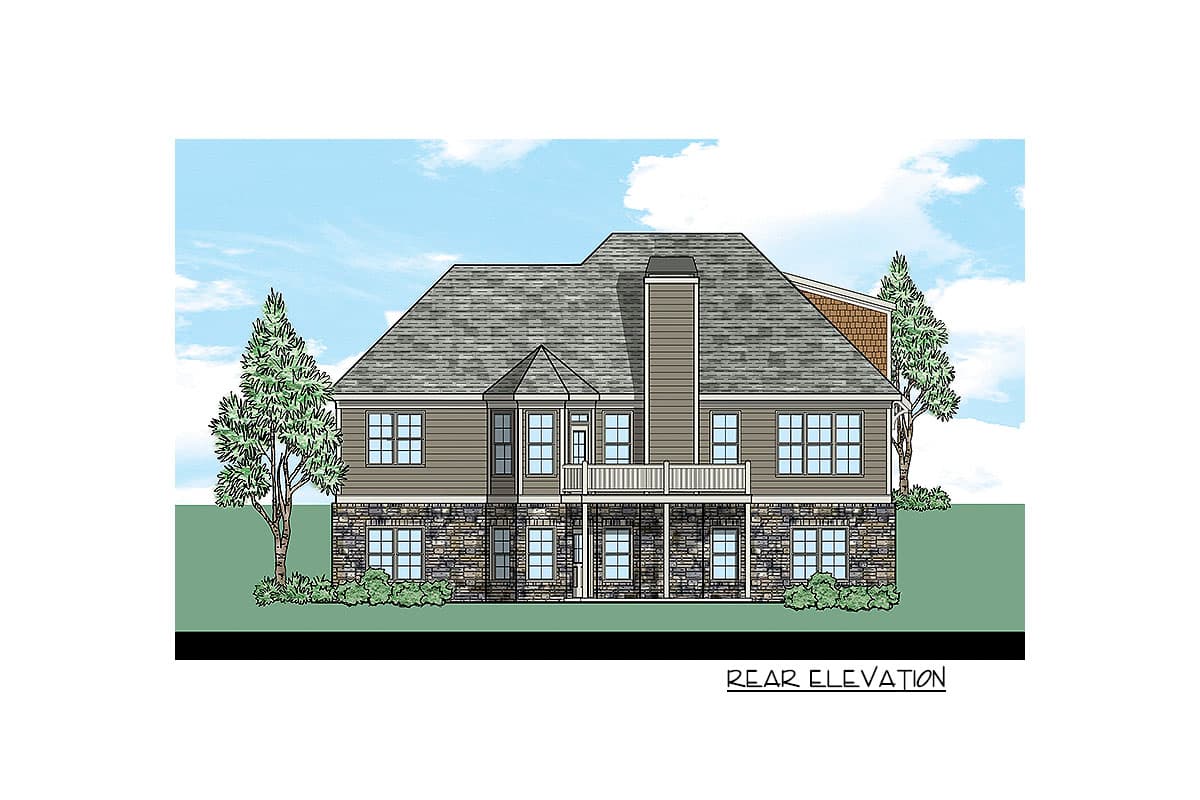 Rear elevation house plan with stone foundation, siding, multiple windows, and a prominent chimney.