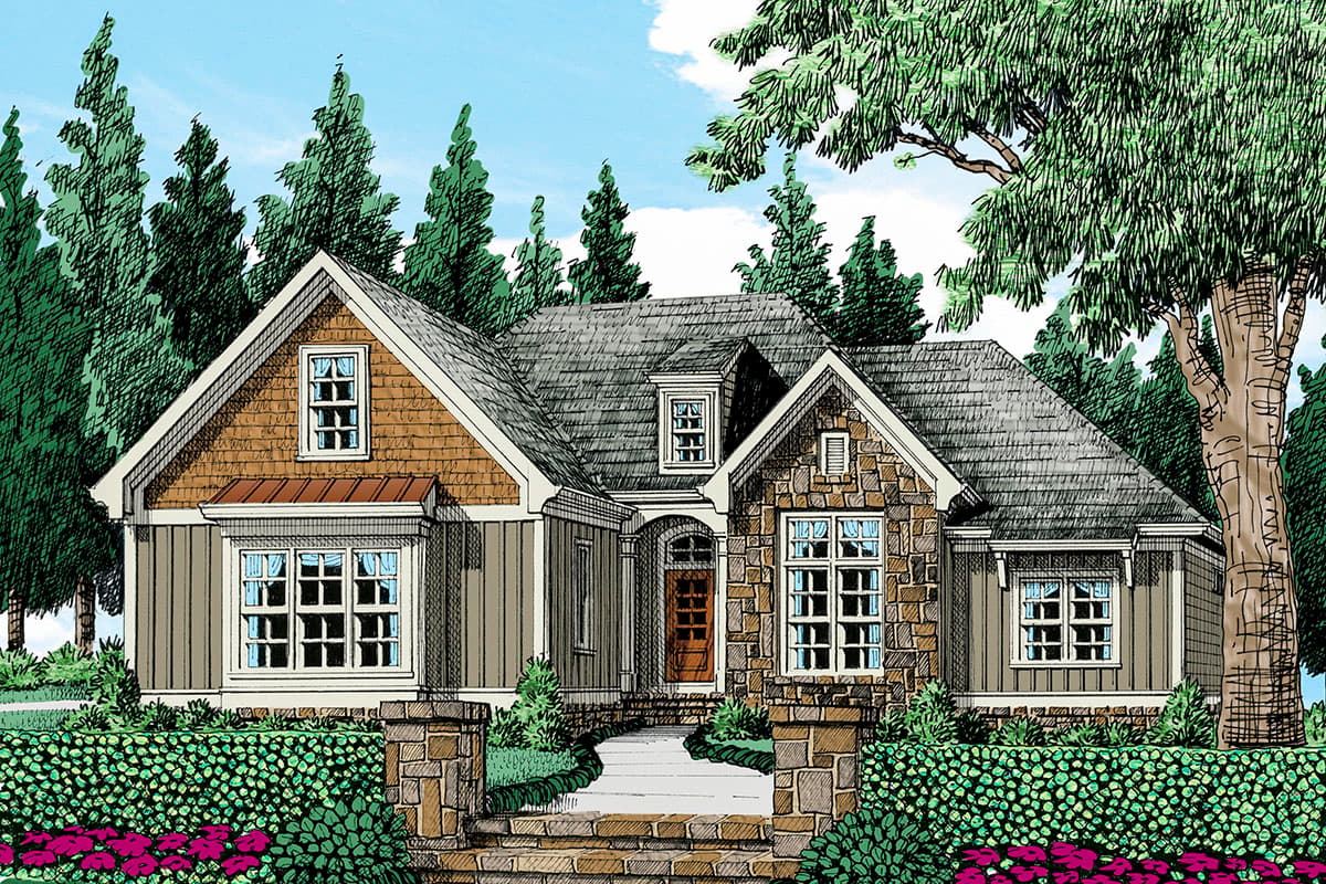 House plan exterior. Craftsman style with stone and shake siding, multiple gables, and a front entry porch. One story.