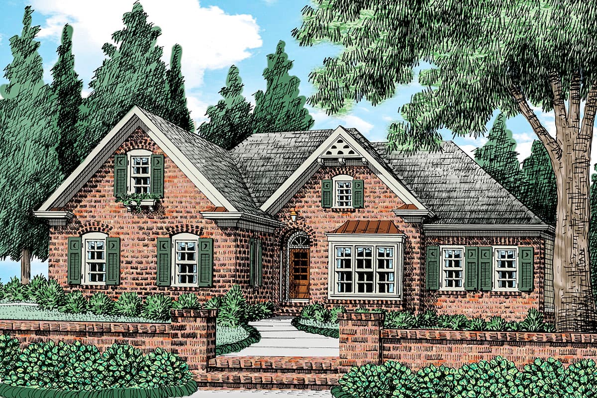 House plan exterior. One-story brick home with gabled roof, dormers, and a bay window. Features include green shutters and a brick fence.