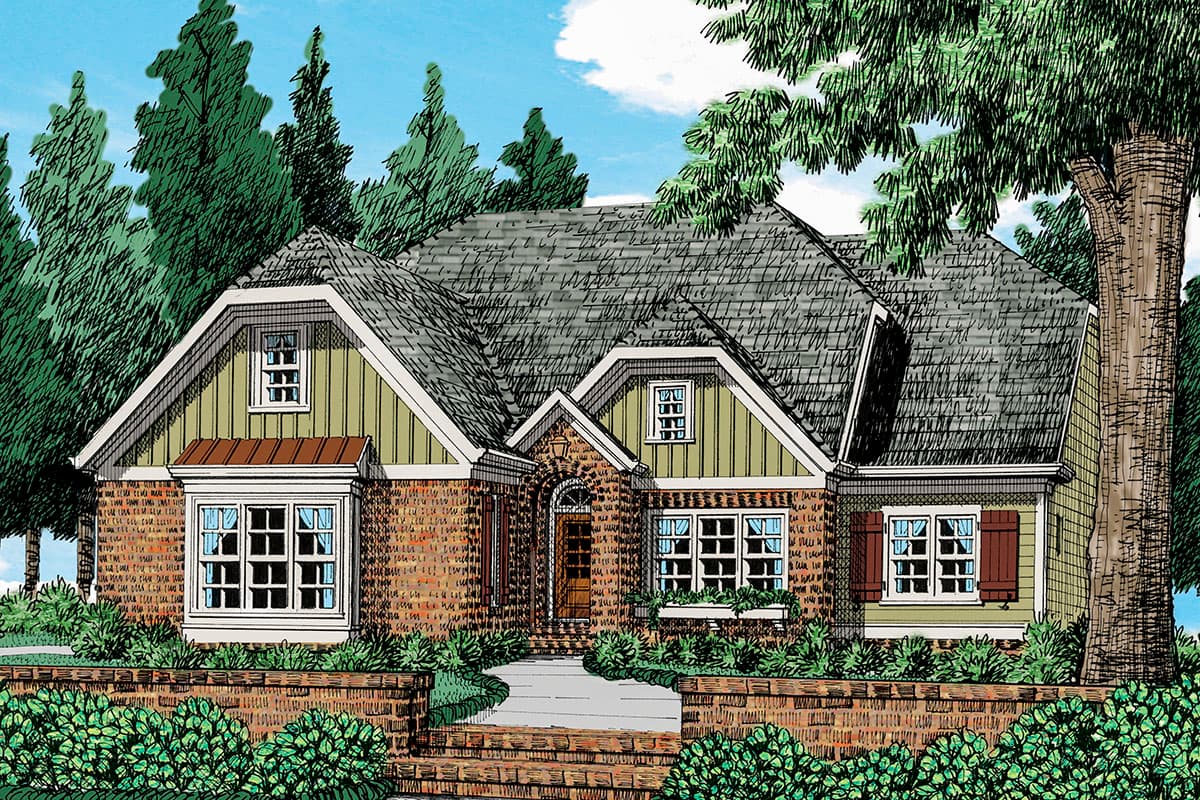 House plan exterior with brick facade, multiple gables, and dormers. Features include a bay window, window boxes, and a covered entry.