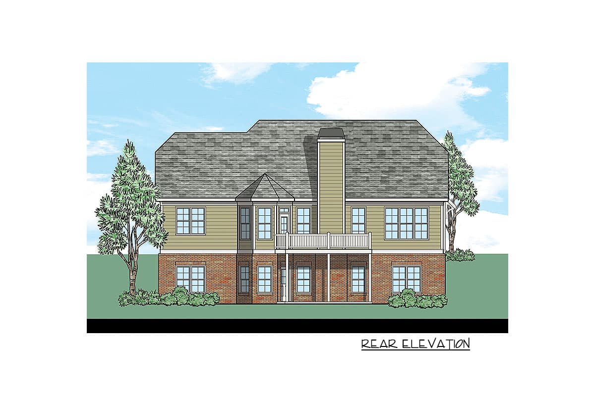 Rear elevation of a two-story house plan with brick base, siding, deck, and prominent chimney.