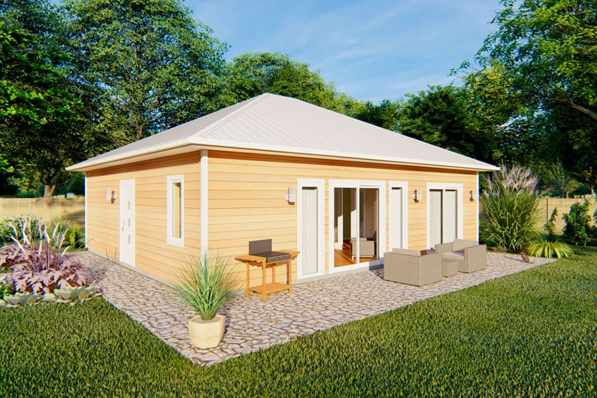 House plan exterior: single-story home with horizontal wood siding, hip roof, two doors, and sliding glass doors.
