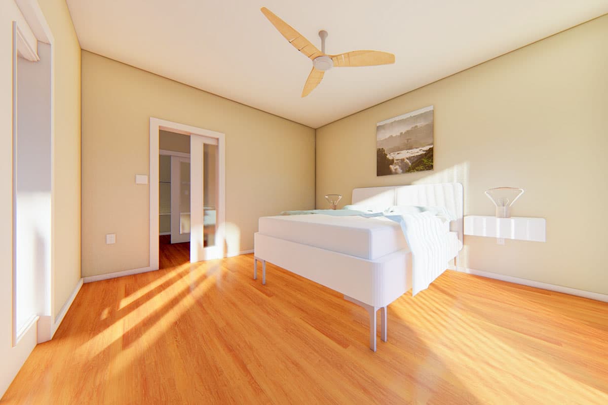 Bedroom rendering with bed, modern ceiling fan, sliding doors, and artwork. Sunlight streams onto wood floor.