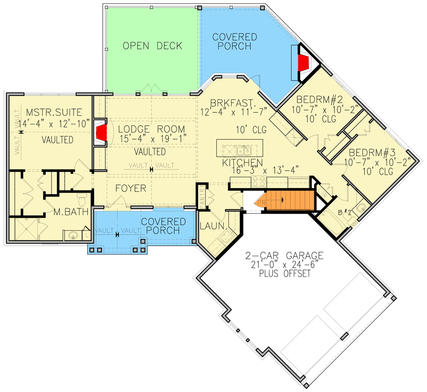 Plan 25665GE: 3-Bedroom Country Craftsman House Plan with Angled Garage - 1561 Sq Ft - Floor Plan - Main Level - Cottage, Country, Craftsman, Ranch, Rustic, Traditional