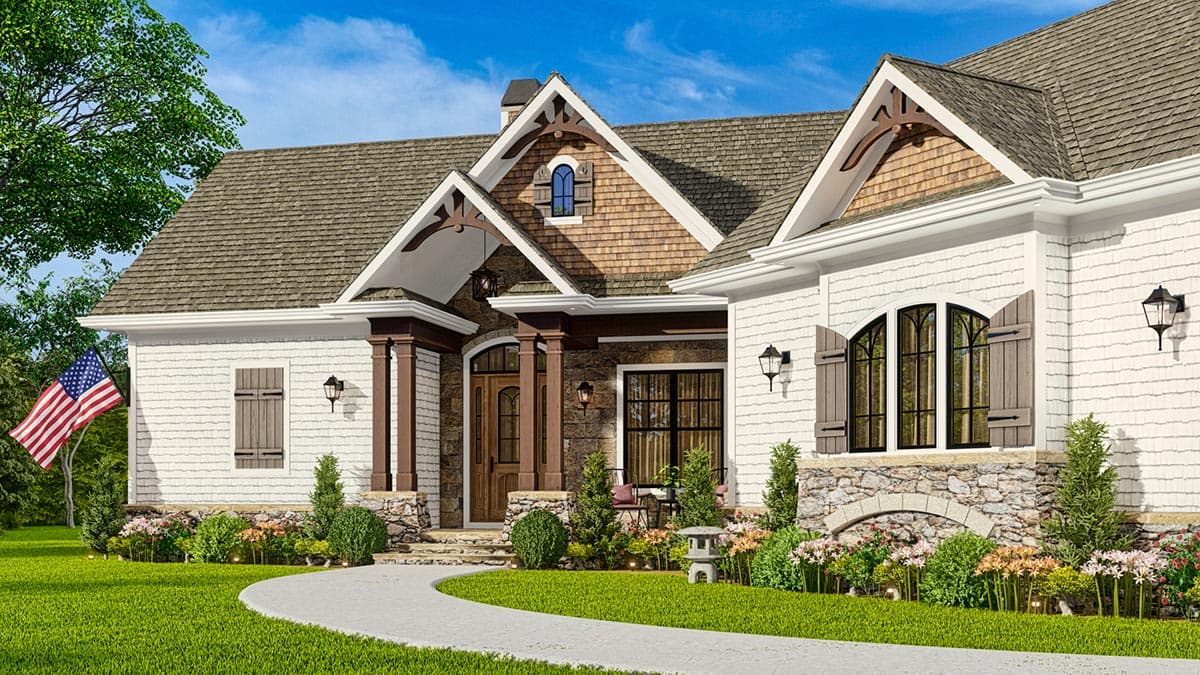 House plan exterior: Craftsman style, one-story, with gabled dormers, stone foundation, and covered entry with columns.