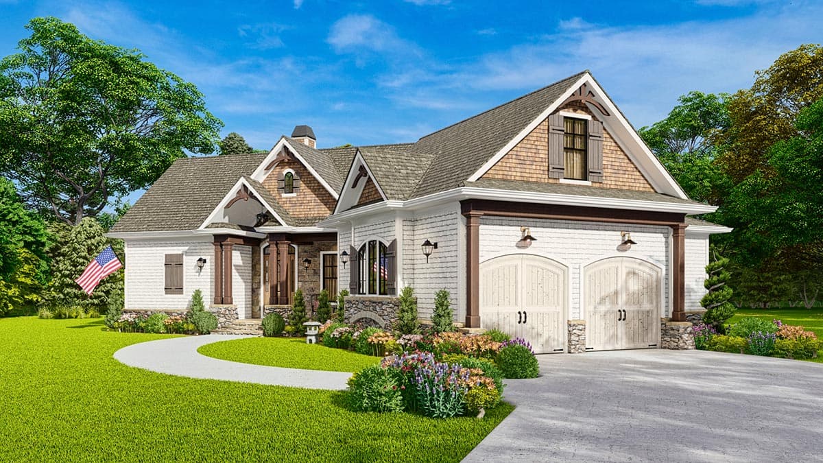 House plan exterior: Craftsman style, 1.5 stories, twin garage doors, stone accents, prominent gables, and covered entry.