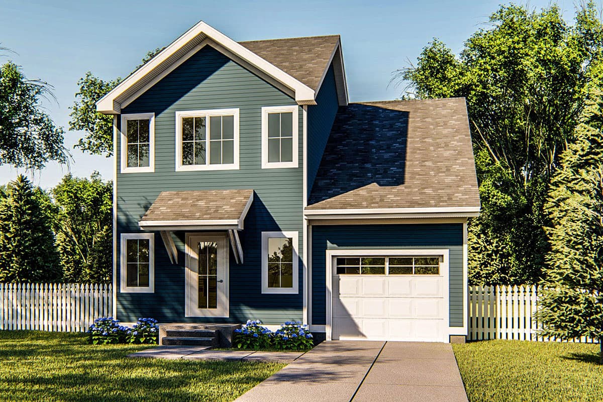 House plan exterior. Two-story home with Craftsman-style elements. Features include a front-facing gable roof, small entry porch, and attached garage.