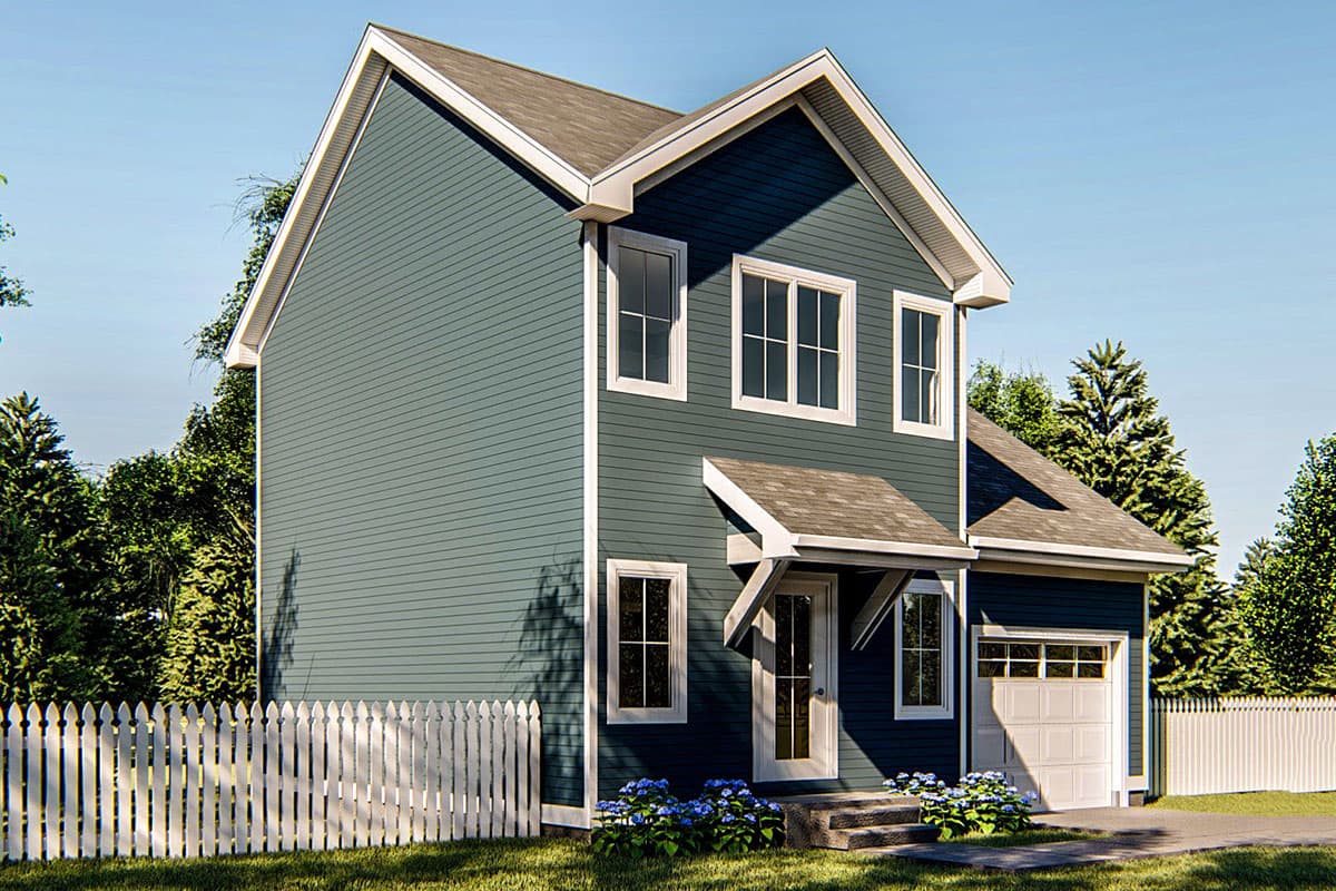 House plan exterior: Two-story home with gabled roof, prominent front dormer, covered entry, and attached garage.