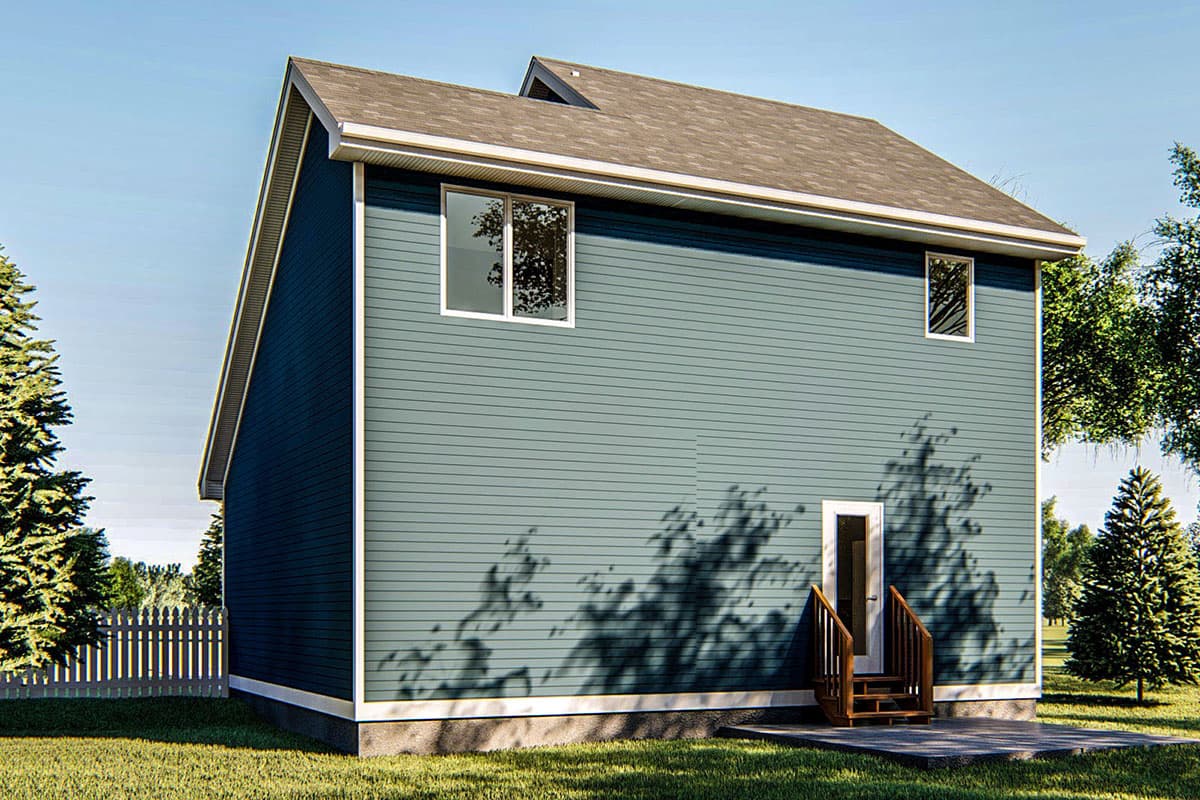 House plan exterior, two-story, with vinyl siding, gable roof, and side entrance with wooden steps.